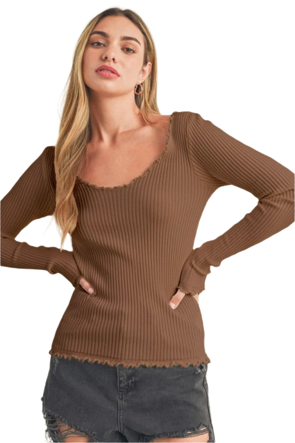 Aemi + Co Lettuce Hem Scoop Neck Long Sleeve Knit Top