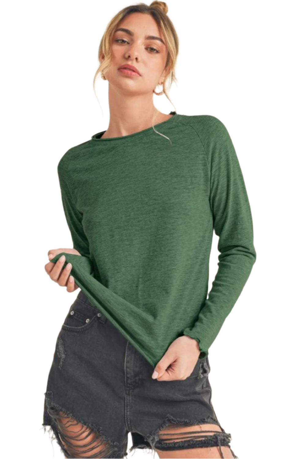 Aemi + Co Lettuce Hemline Round Neck Raglan Sleeve T-Shirt