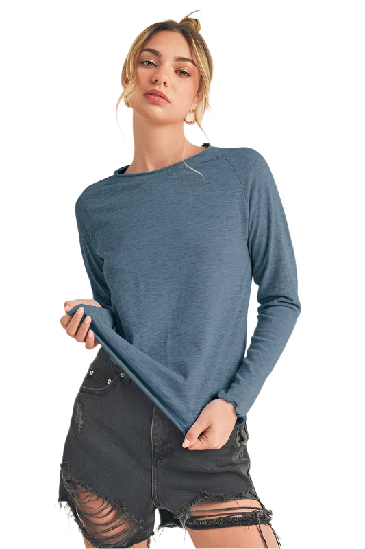 Aemi + Co Lettuce Hemline Round Neck Raglan Sleeve T-Shirt