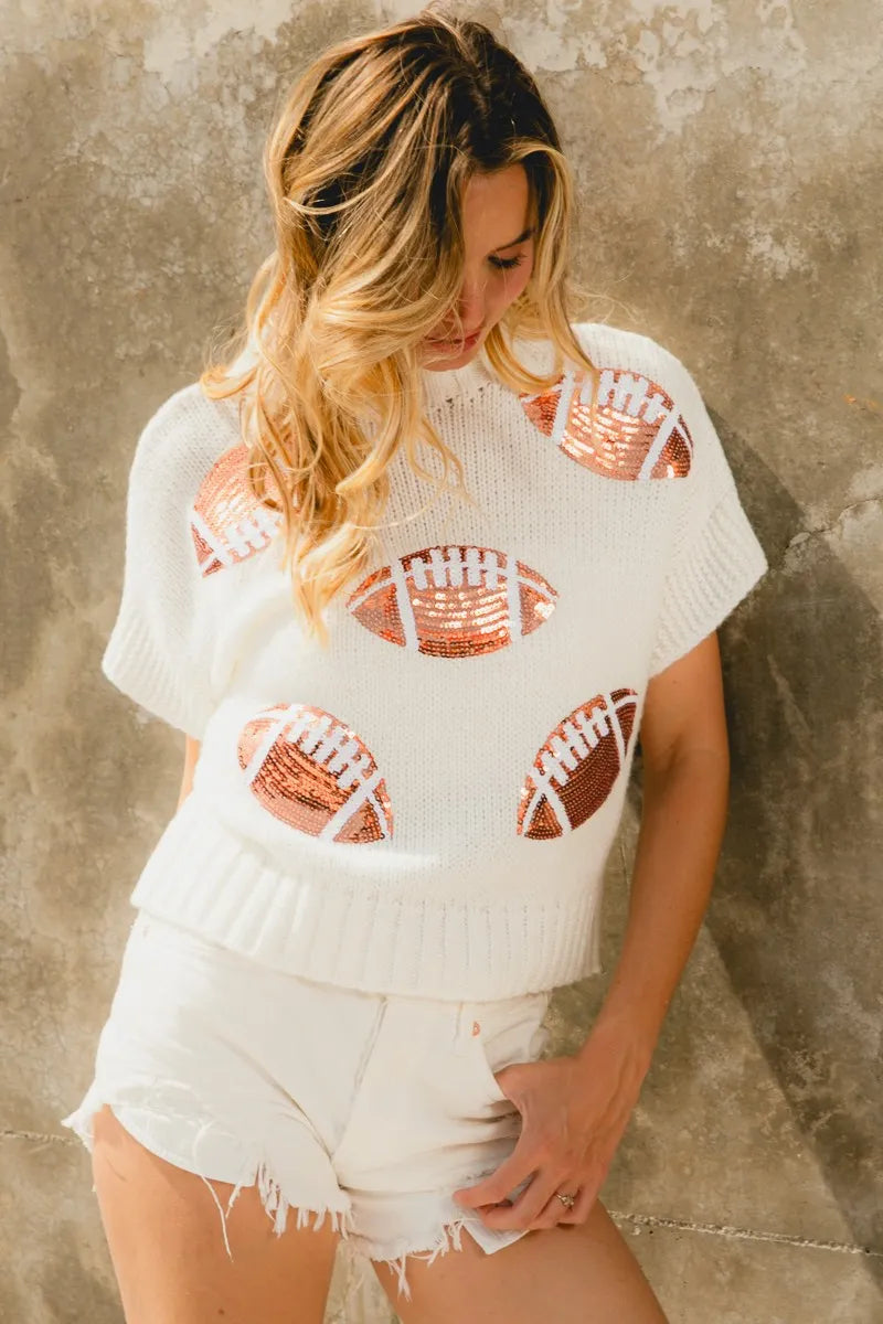 Football Print Pullover Sweater – Sporty Chic Short Sleeve Knit