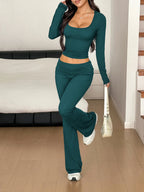 Long Sleeve Crop Top & Bootcut Pants Set – Trendy Two-Piece Outfit