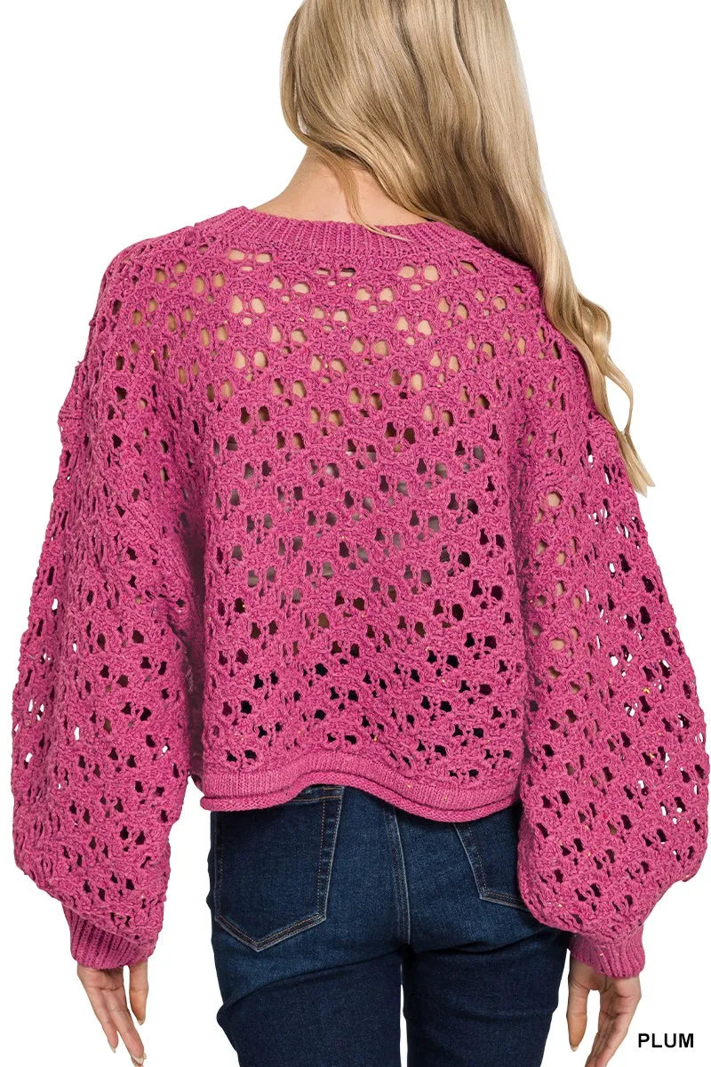 Oversized Cropped Crochet Knit Sweater Trendy & Boho Layering Piece