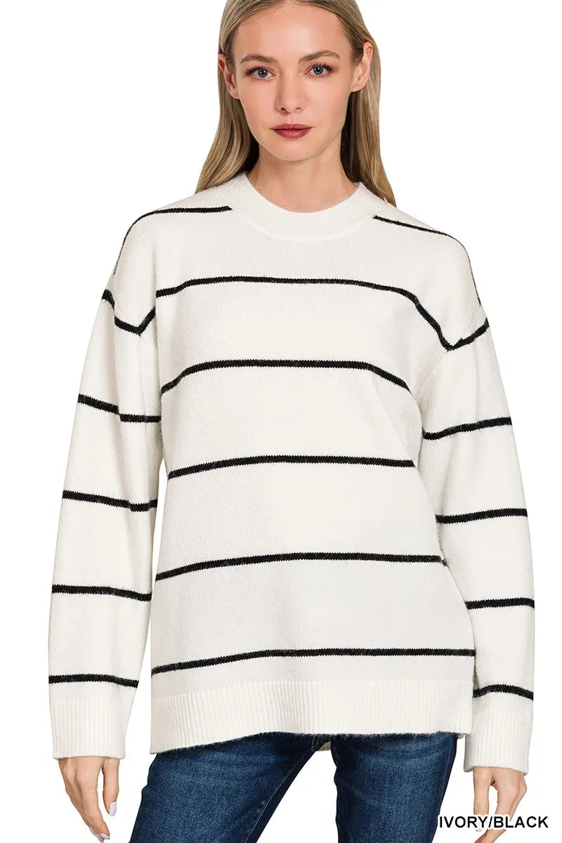 Oversized Striped Pullover Sweater – Black & White Knit Crew Neck