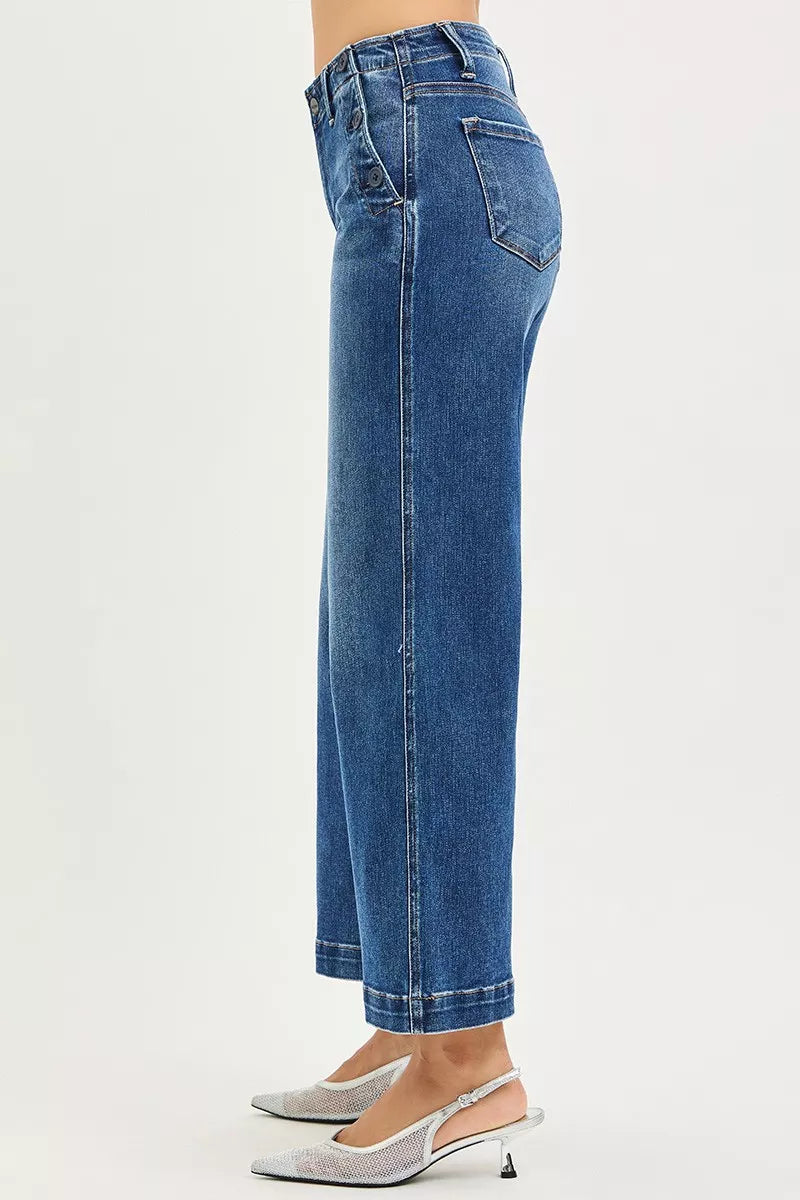 High-rise wide-leg blue denim jeans, side view with back yoke seam