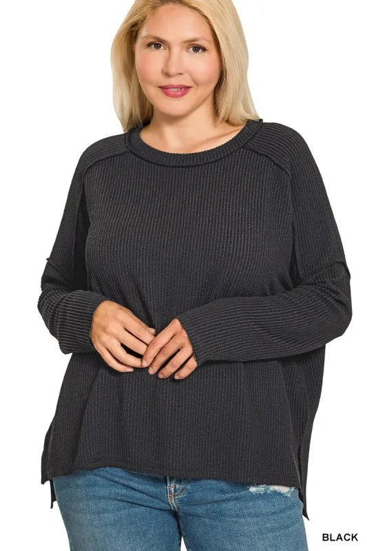 Exposed-Seam Corded Rib Long Sleeve Top – Textured, Trendy & Versatile