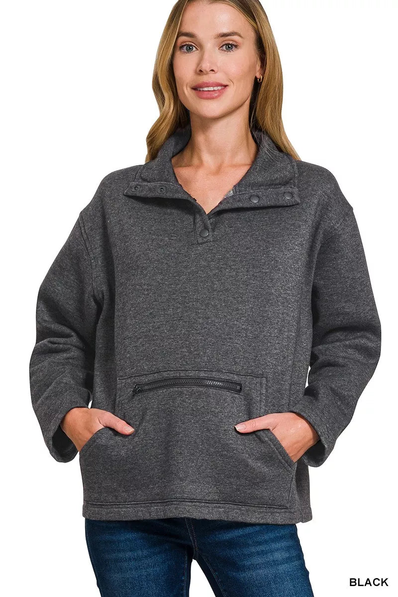 Zenana Fleece Washed High Neck Sweatshirt – Cozy Style with Kangaroo Pocket