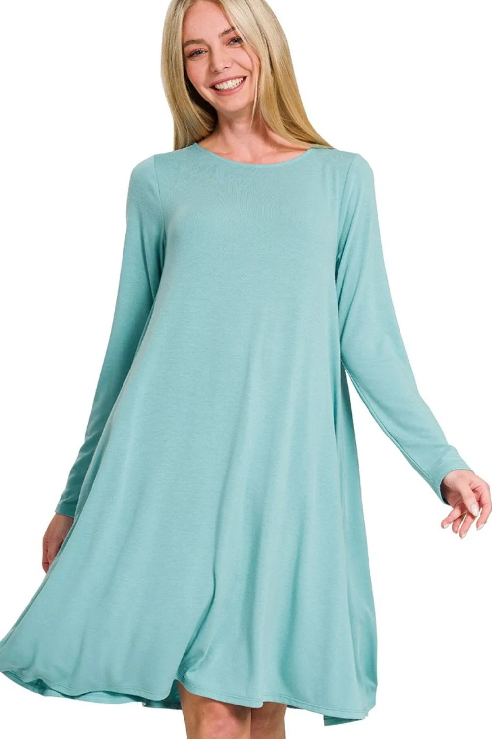 Turquoise Long Sleeve Swing Dress Soft Flowy & Flattering A-Line Fit