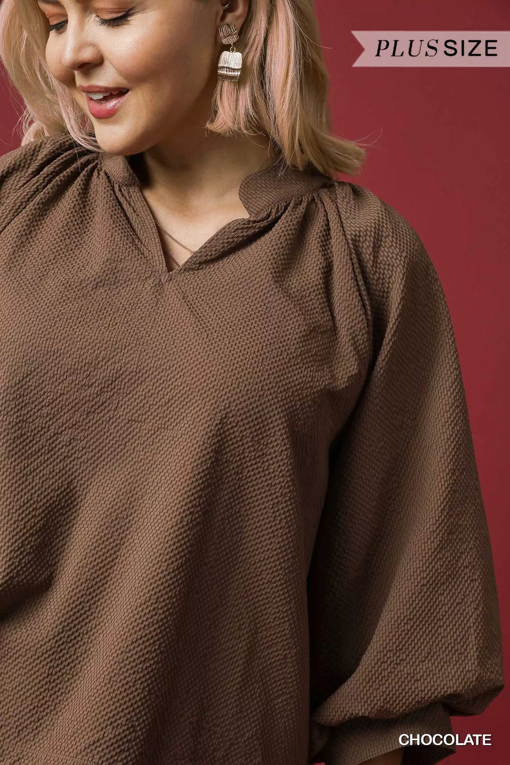 Textured Notched Balloon Sleeve Blouse – Chic & Feminine Top