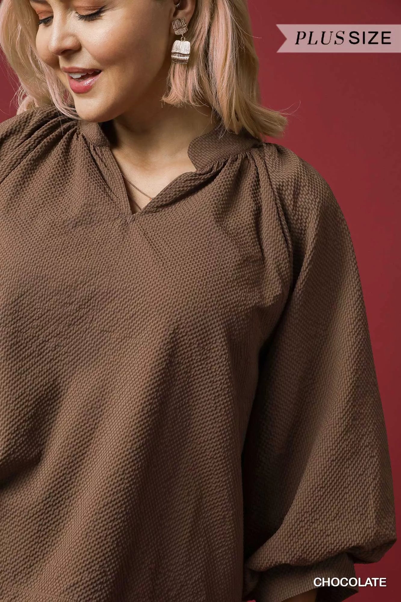 Textured Notched Balloon Sleeve Blouse – Chic & Feminine Top