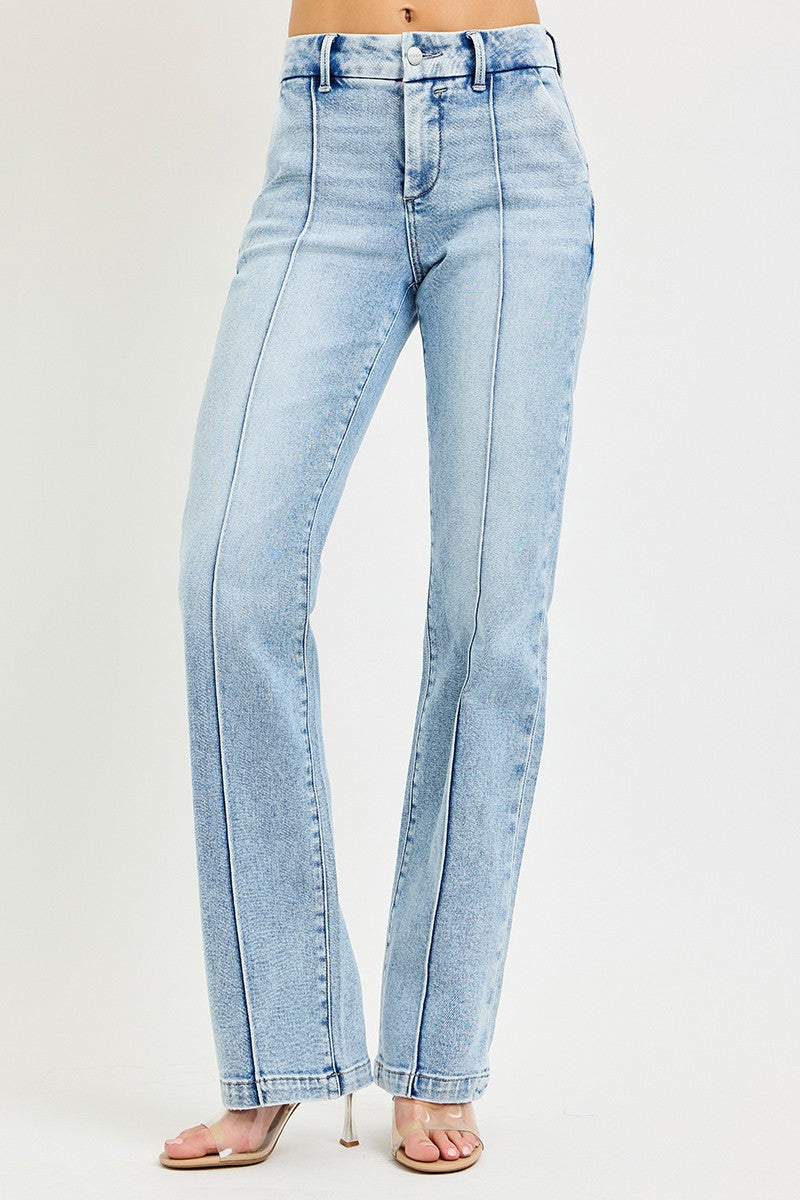 Light wash high-rise straight-leg jeans, front seam detail and belt loops