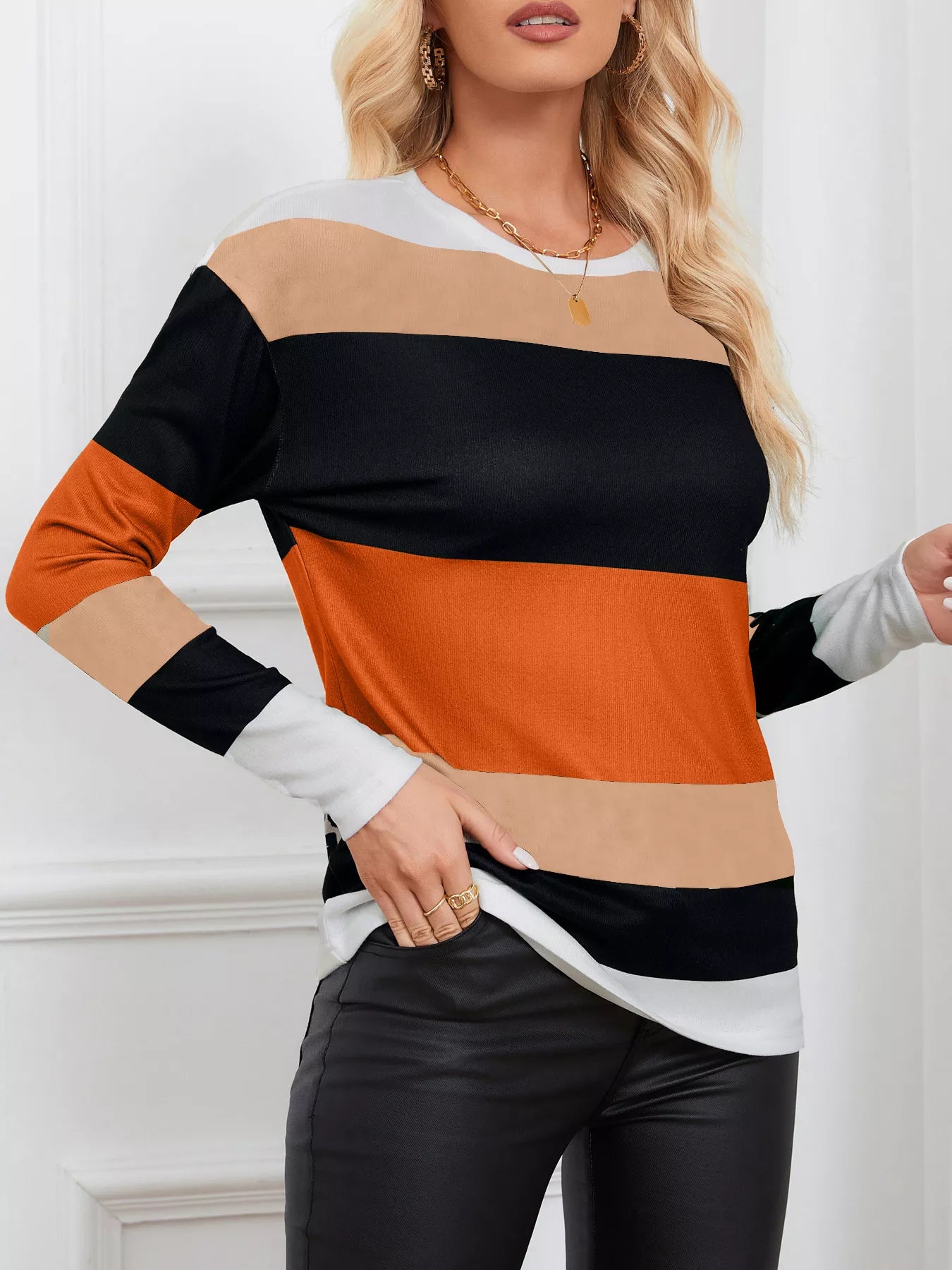 Leopard Color Block Striped Knit Top – Trendy Casual Style