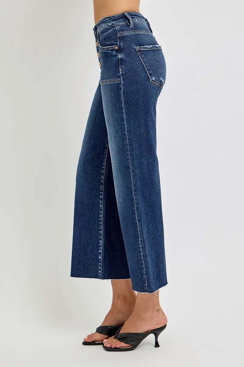 High-Waisted Wide-Leg Cropped Jeans – Button-Fly Medium Wash