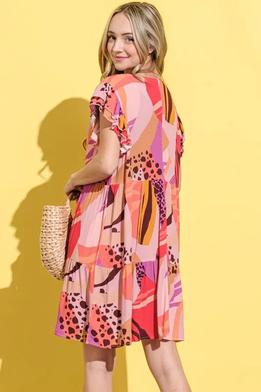 And The Why Printed Double Ruffles Sleeve Dress