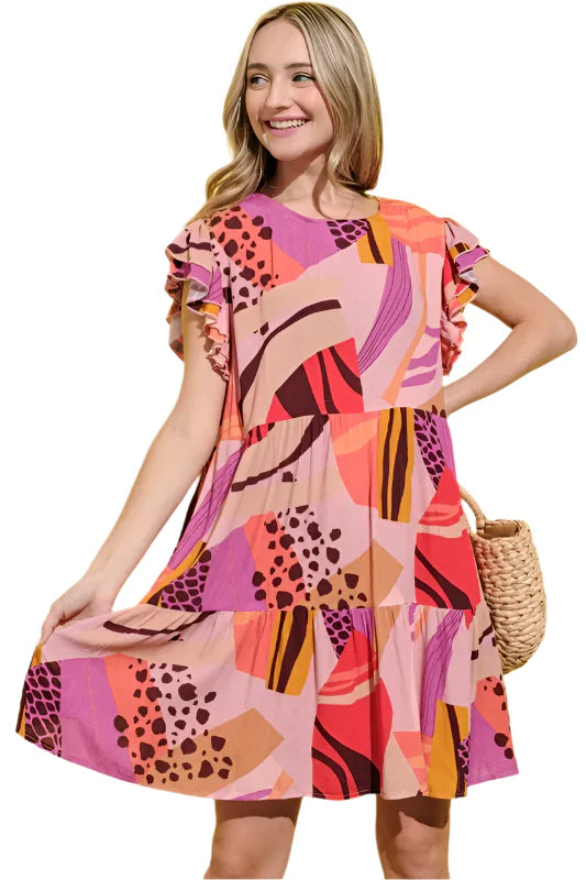 And The Why Printed Double Ruffles Sleeve Dress