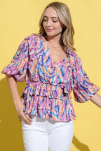 And The Why Printed Lantern Sleeve Blouse