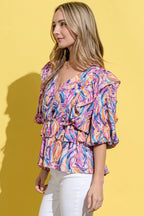 And The Why Printed Lantern Sleeve Blouse
