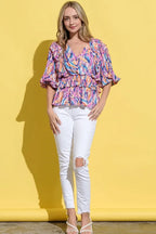 And The Why Printed Lantern Sleeve Blouse