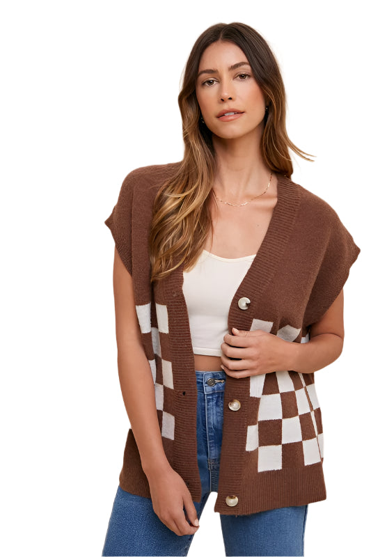 Annie Wear Checkered Button Down Short Sleeve Cardigan