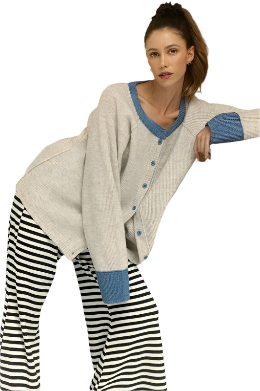 Annie Wear Contrast Trim Button Down Raglan Sleeve Cardigan