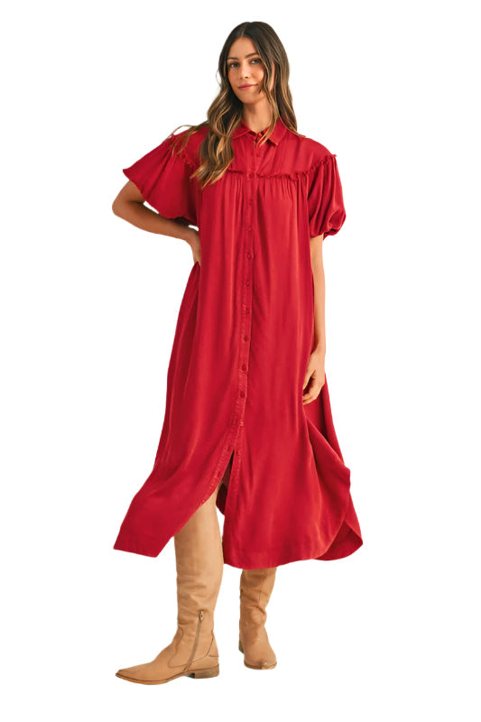 Annie Wear Mineral Washed Button Down Puff Sleeve Shirt Dress