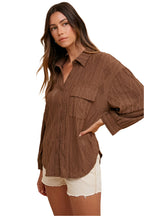 Annie Wear Openwork Button Down Drop Shoulder Shirt