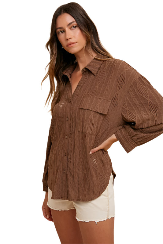 Annie Wear Openwork Button Down Drop Shoulder Shirt