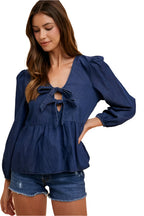Annie Wear Tie Front Peplum Long Sleeve Denim Top
