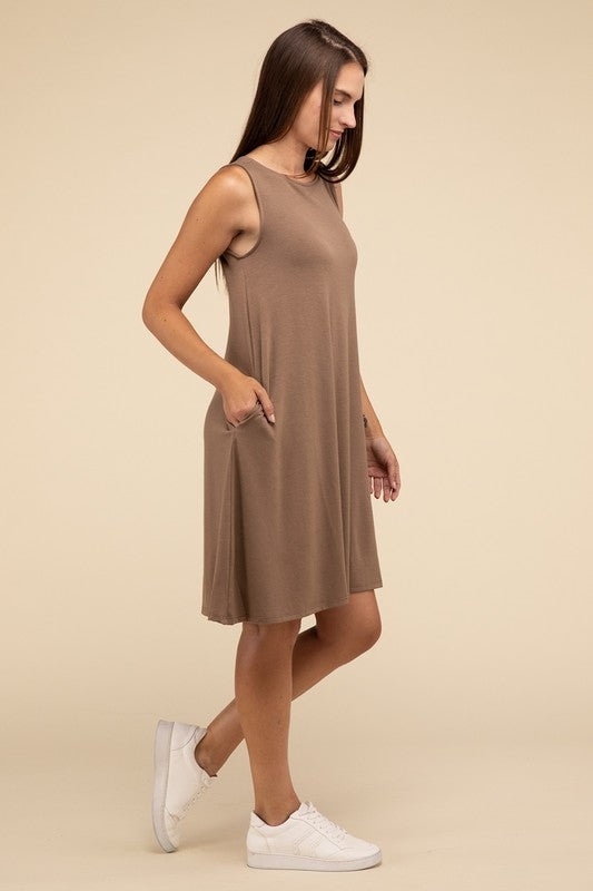 Zenana Sleeveless Flared Dress with Side Pockets