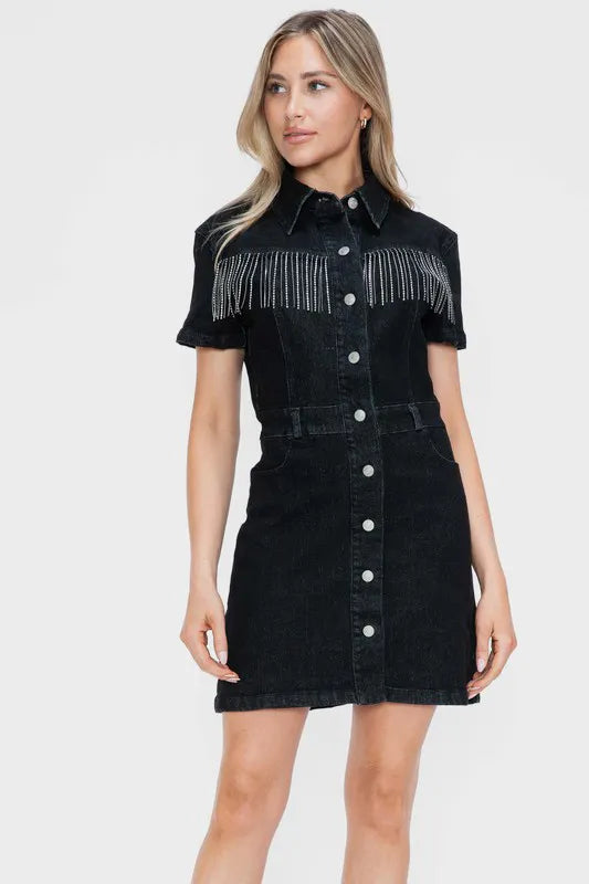 Black Denim Shirt Dress with Fringe – Western, Chic & Flattering