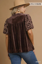 Bohemian Velvet Blouse with Embroidered Sleeves Brown Elegant Top