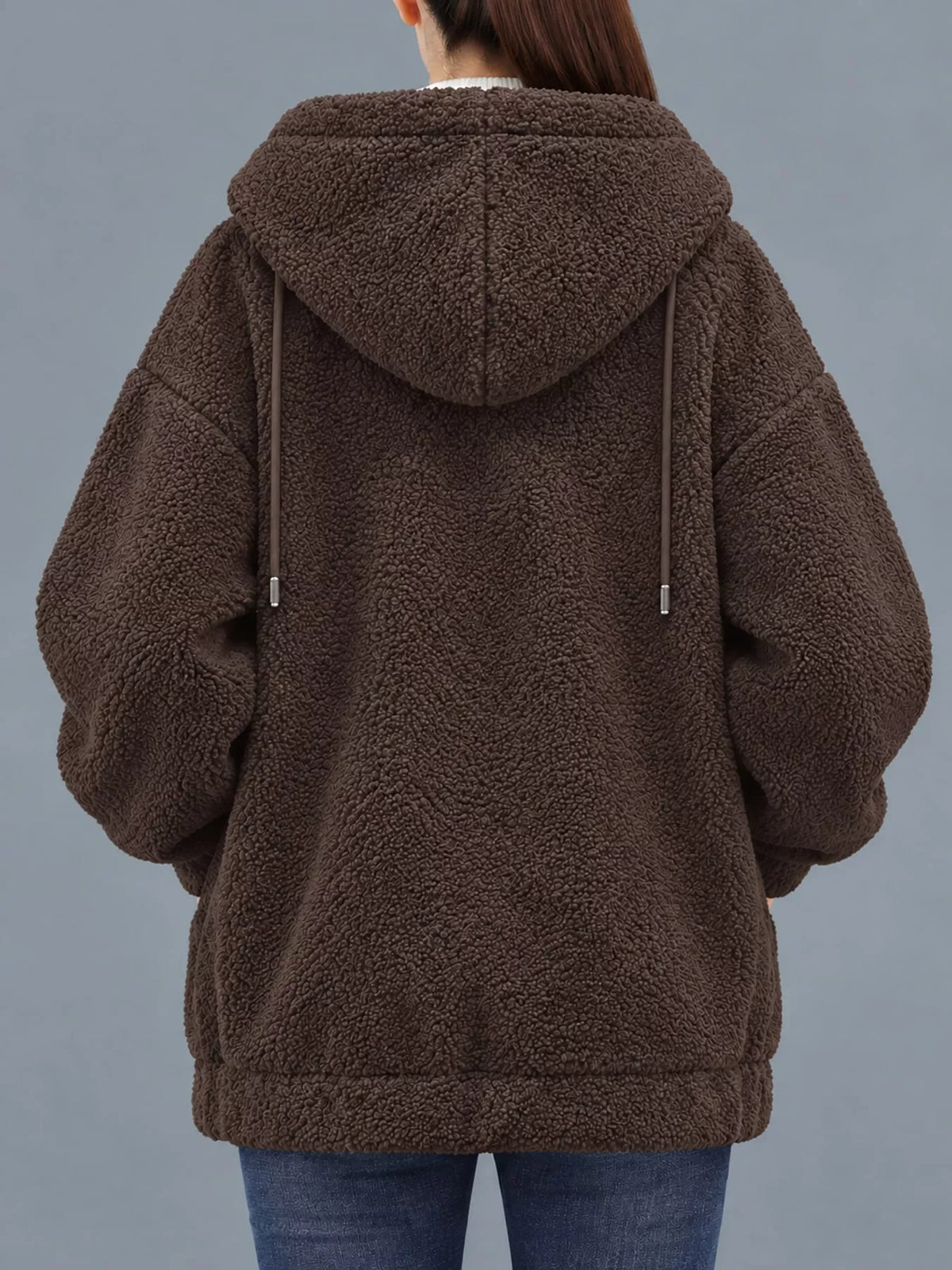 Coffee-brown fleece zip-up hoodie, back view with hood and drawstring cords