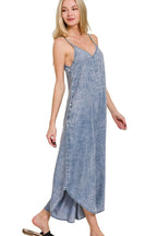Acid Wash Chambray Jumpsuit with Wide Legs, V-Neck & Pockets