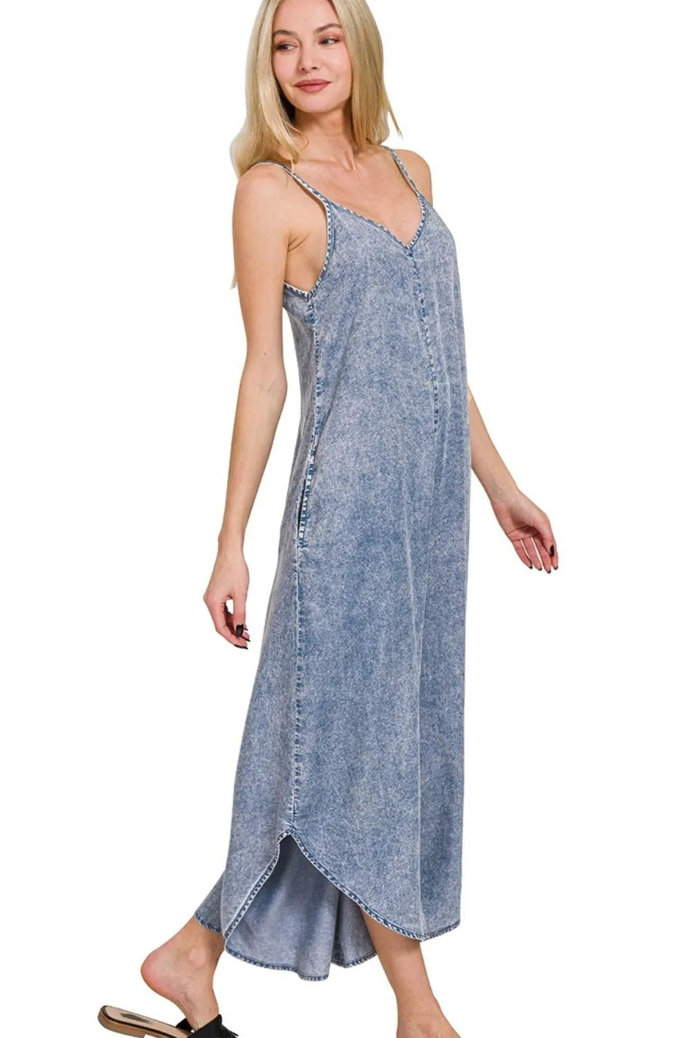 Acid Wash Chambray Jumpsuit with Wide Legs, V-Neck & Pockets