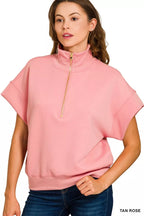 Zenana Scuba High Neck Half Zip Short Sleeve Pullover Top