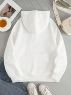 White dropped-shoulder hoodie back view with drawstring hood and kangaroo pocket