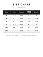 Size chart with bust, shoulder, sleeve length, and length in inches (S–3XL)