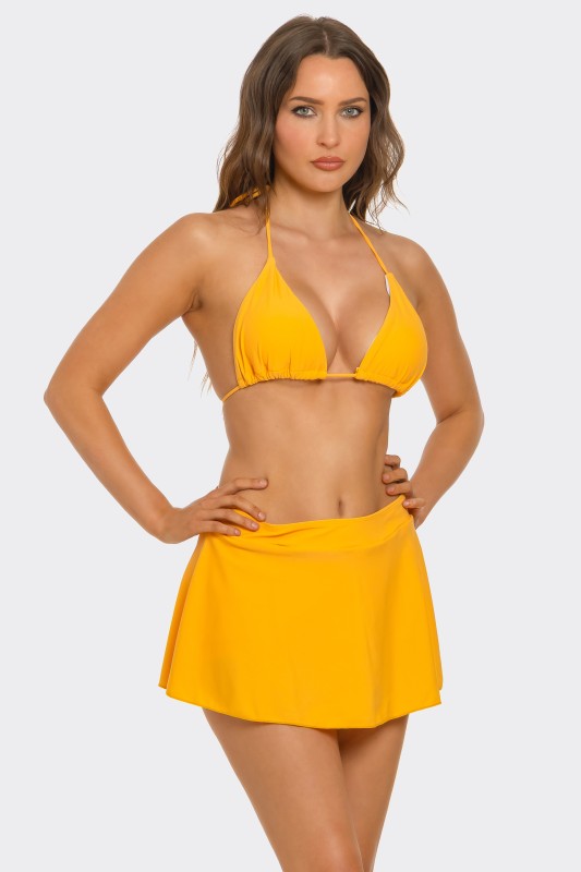 Yellow triangle bikini top with matching high-rise swim skirt, tie back straps
