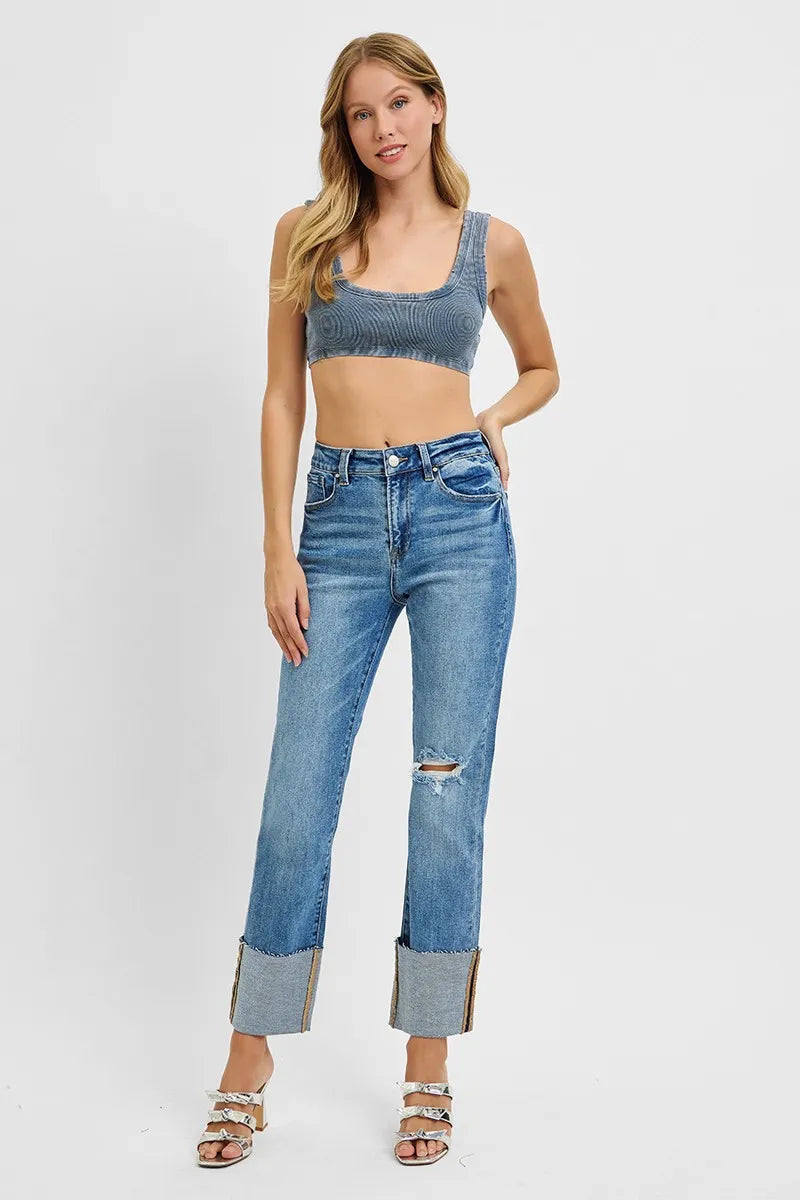 High Rise Ankle Straight Wide Cuffed Jeans | Modern Chic Denim