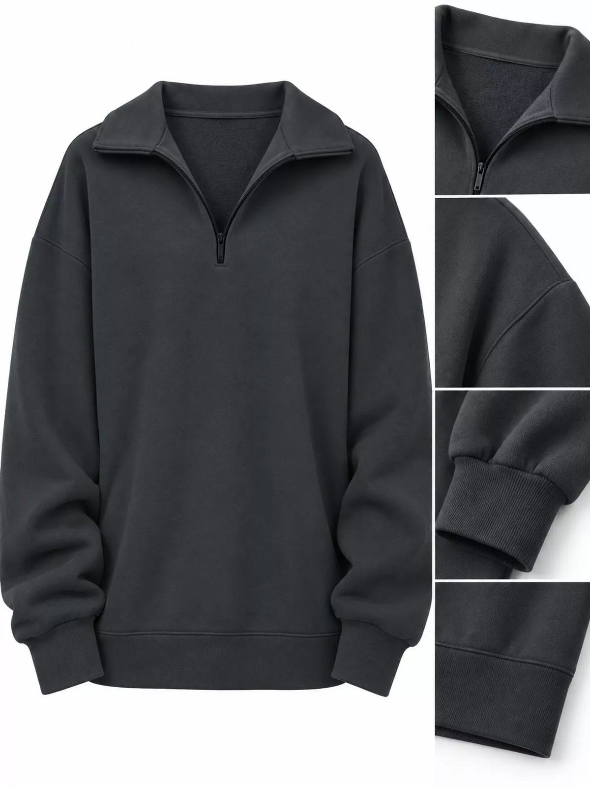 Oversized zip-neck sweatshirt in dark charcoal, front profile with half-zip detail