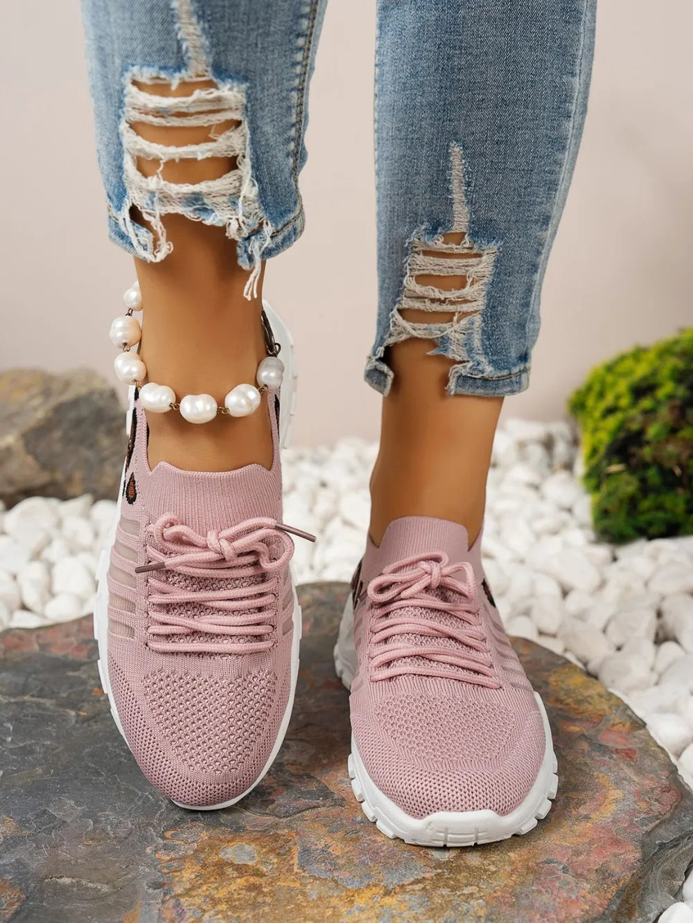 Cutout Leopard Lace-Up Mesh Athletic Sneakers – Sporty & Stylish