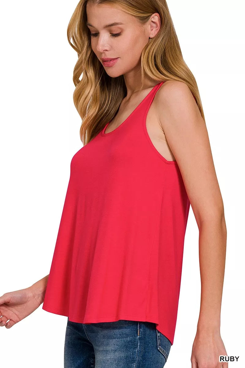 Flowy rayon tank top in ruby red with scoop neck and draped sleeveless body