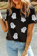 Glitter Ghost Round Neck Short Sleeve T-Shirt – Fun Halloween Top