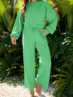 Puff Sleeve Crop Top & Drawstring Wide Leg Pants Set – Chic & Comfy