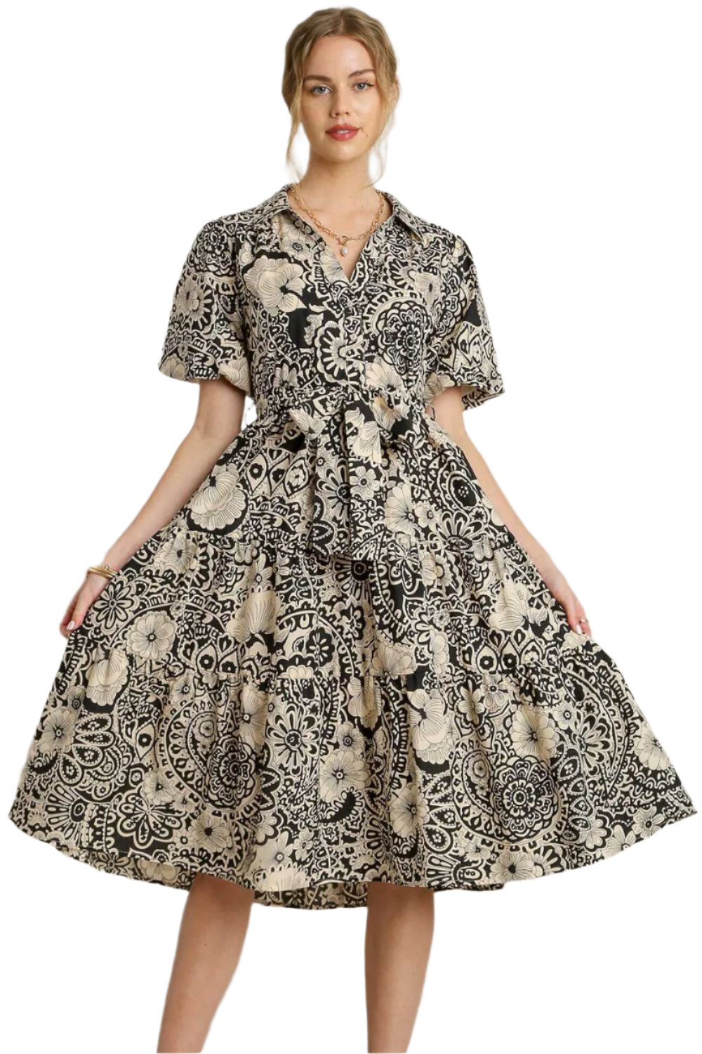 Umgee Mixed Print A-Line Tiered Midi Dress