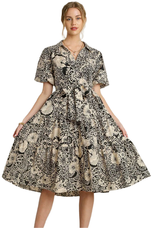 Umgee Mixed Print A-Line Tiered Midi Dress