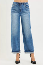 Medium-wash elastic waist slouch ankle jeans, cuffed hems, front drawstring