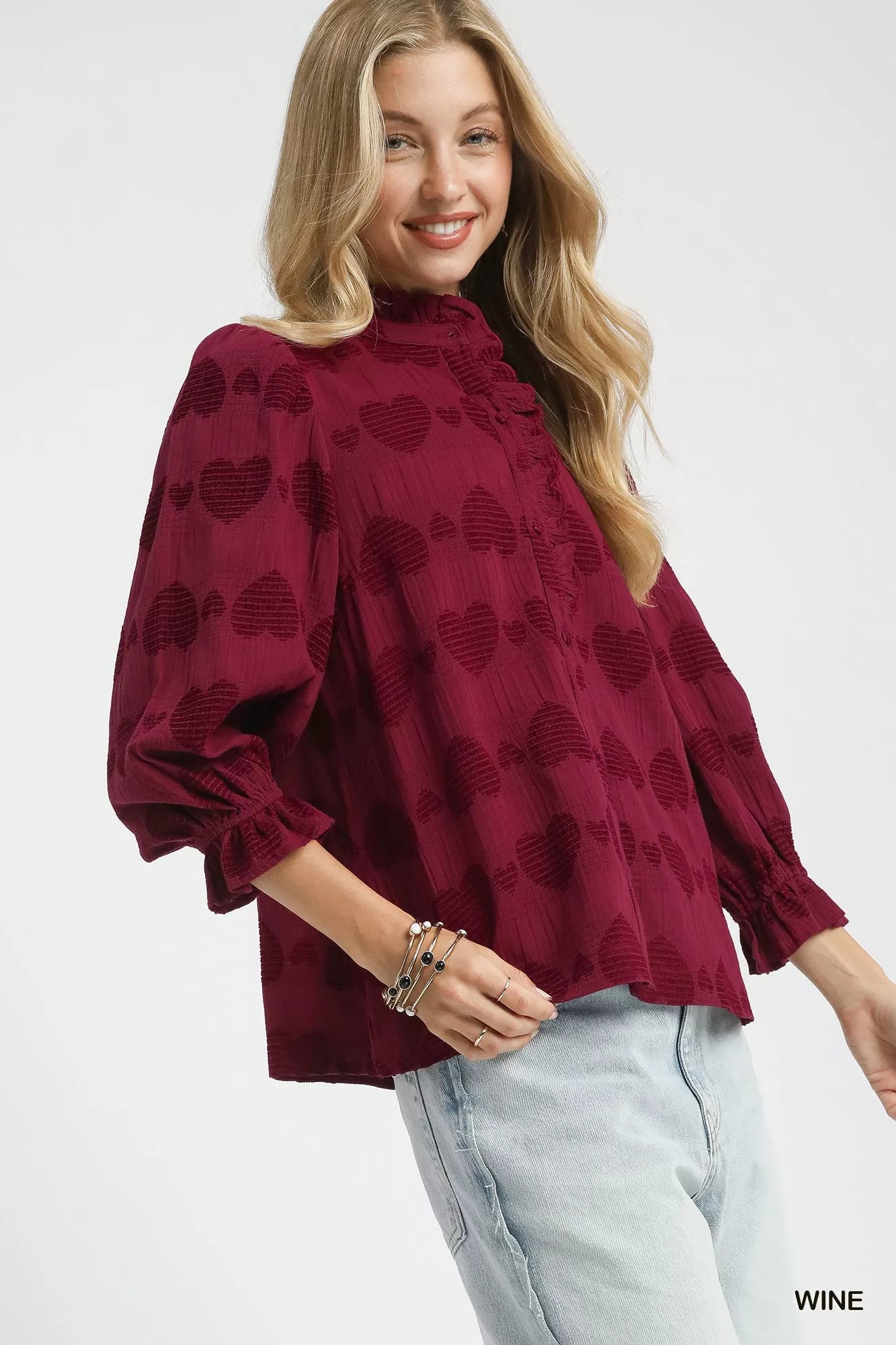Heart Jacquard Ruffle Trim Shirt | Feminine Women’s Romantic Chic Top