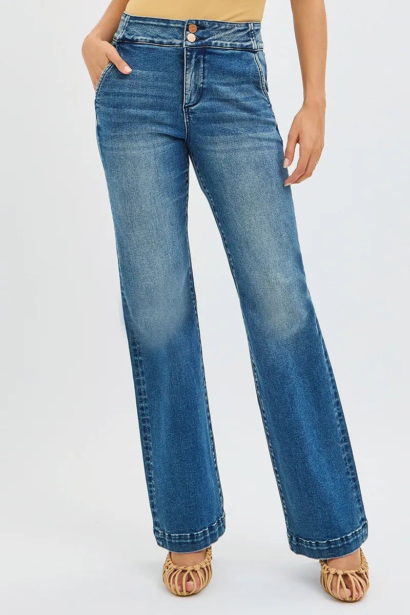Tummy Control High Rise Bootcut Jeans – Slimming Double Button Fit