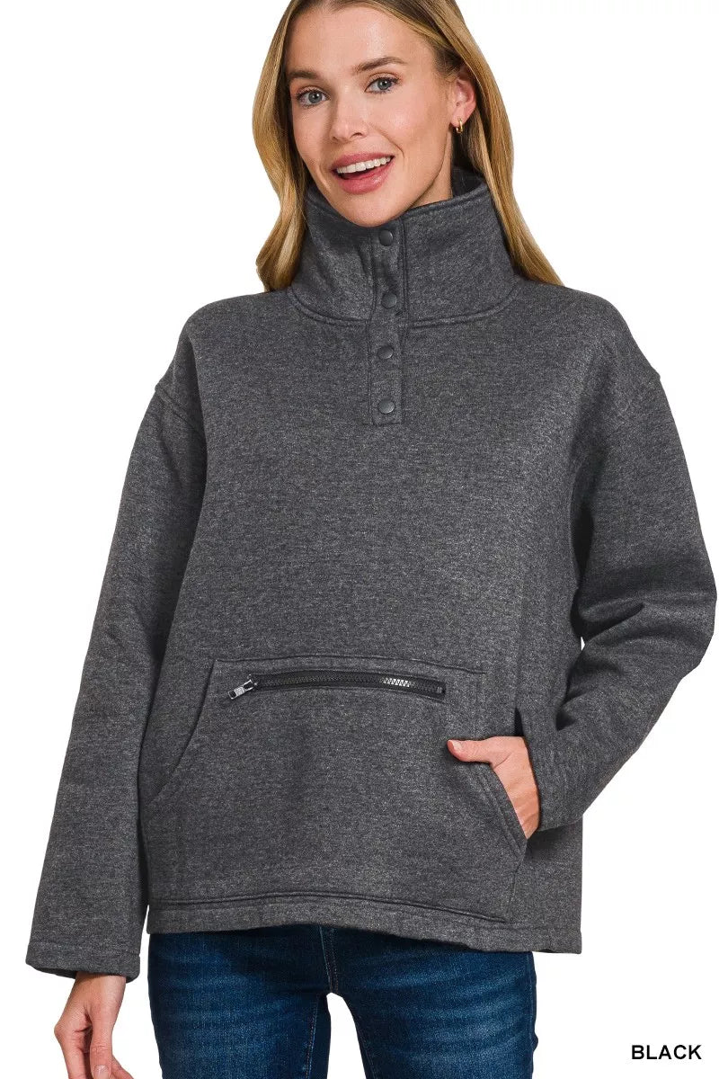Zenana Fleece Washed High Neck Sweatshirt – Cozy Style with Kangaroo Pocket