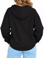 Black cat pouch drawstring hoodie, back view with hood and kangaroo pocket
